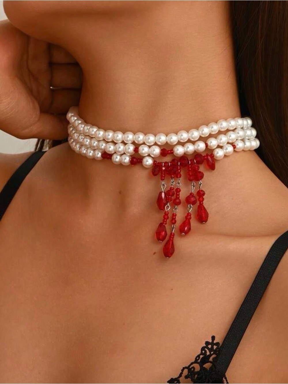White Pearl Choker with Red Teardrop Fringe